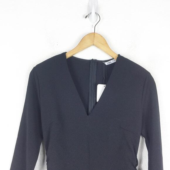NWT Zara Ruched Waist Midi Dress Small Black Long Sleeves 2298/217 Minimalist - Picture 4 of 13